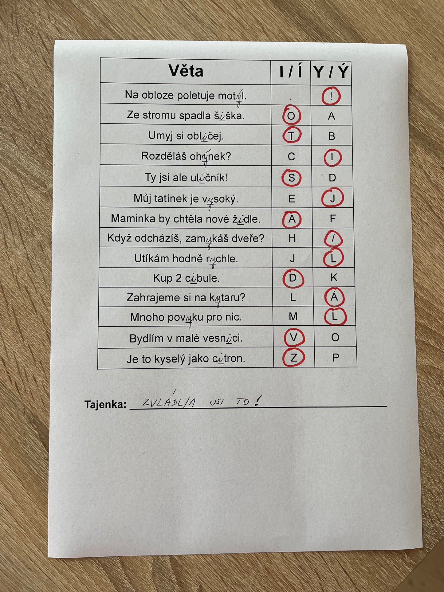 Doplňování i/y s tajenkou